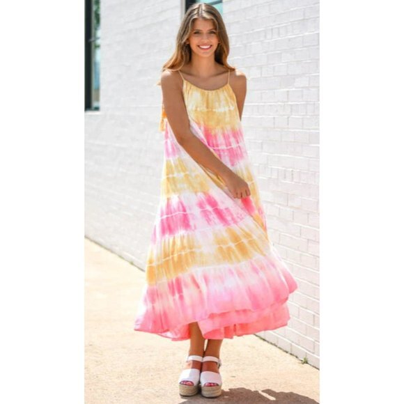 NWT-Impeccable Pig Pink & Yellow  Long A-line Tie Dye Dress w/Tassels Size M - Picture 1 of 6
